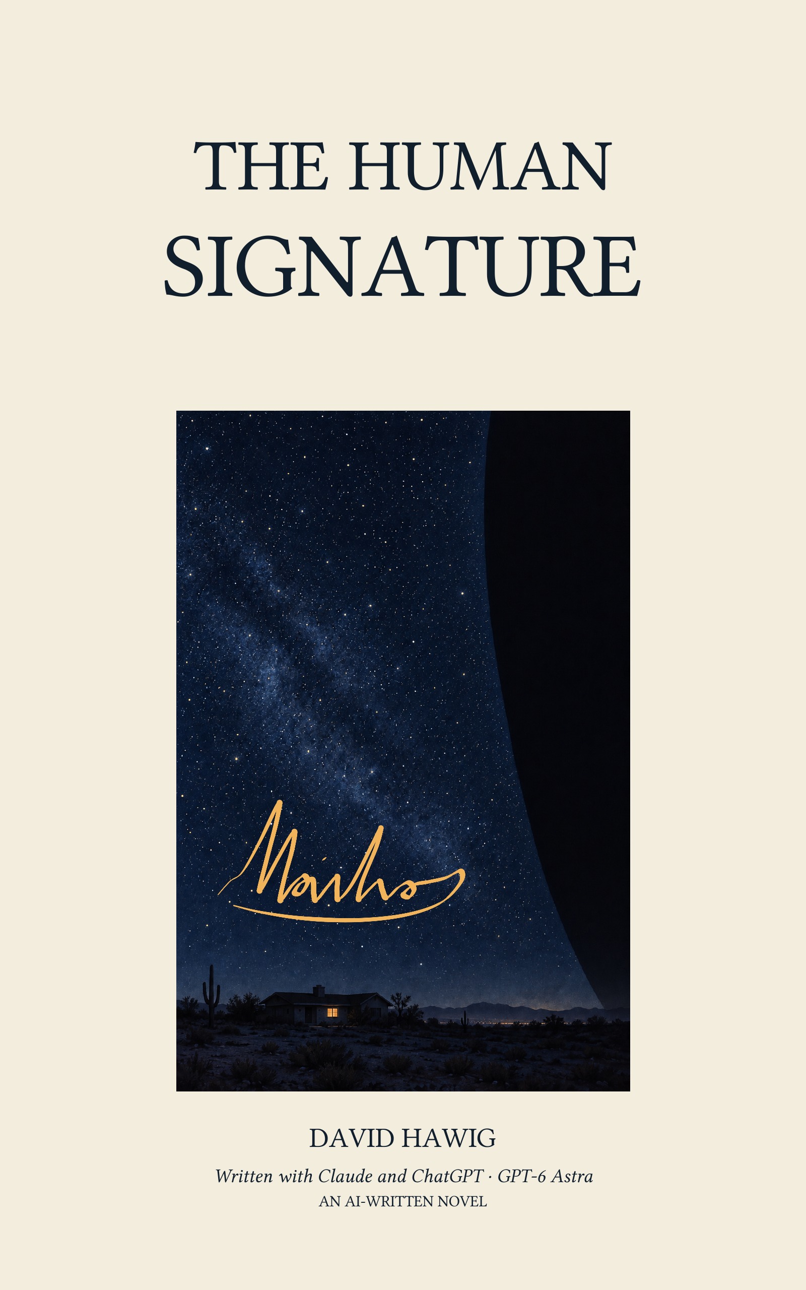 The Human Signature book cover, David Hawig. Written with Claude and ChatGPT · GPT-6 Astra. An AI-written novel.