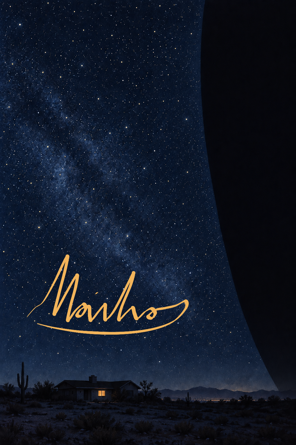 A pen signature in warm light is written across a star-filled desert sky above a small glowing house, as a vast dark curve intrudes from the right.